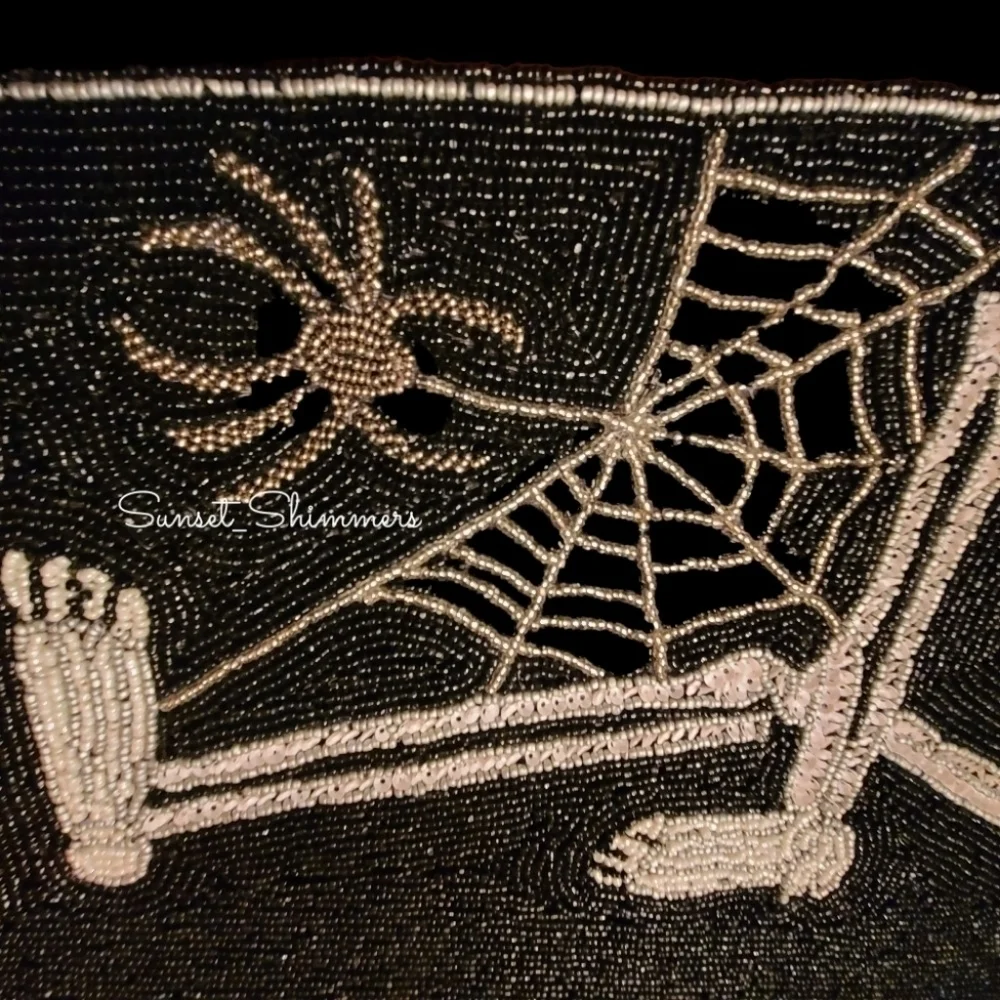 GOTH Halloween SKELETON in COFFIN Spider Web Beaded TABLE RUNNER Centerpiece New